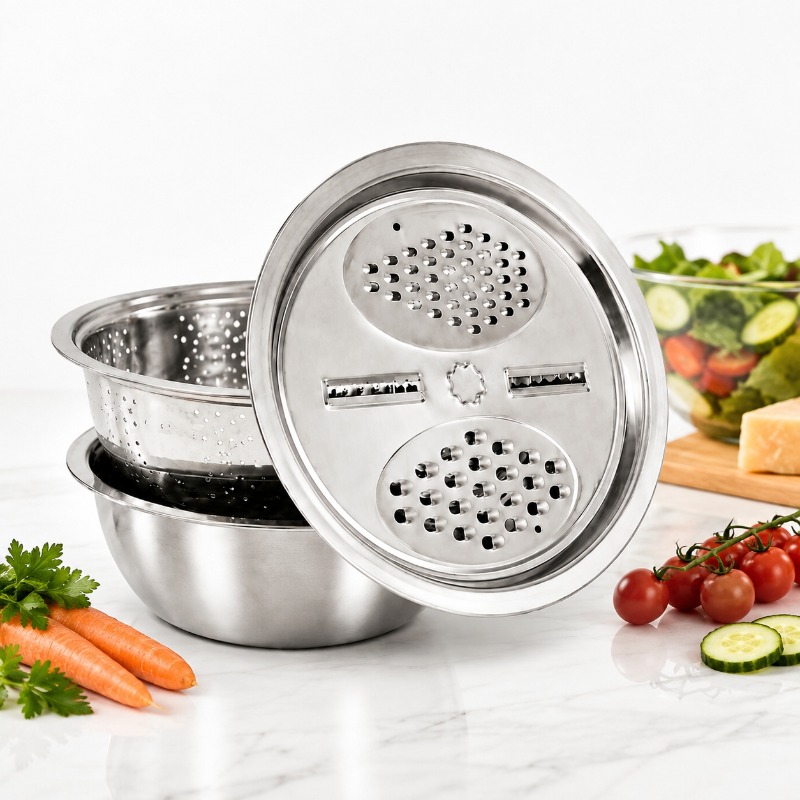 Meal Prep Chef - 3-teiliges Edelstahl-Küchensieb-Set Multifunktions-Abtropfsieb mit Reibeschüssel Obst-Gemüse-Käse-Vorbereitungswerkzeug-Set