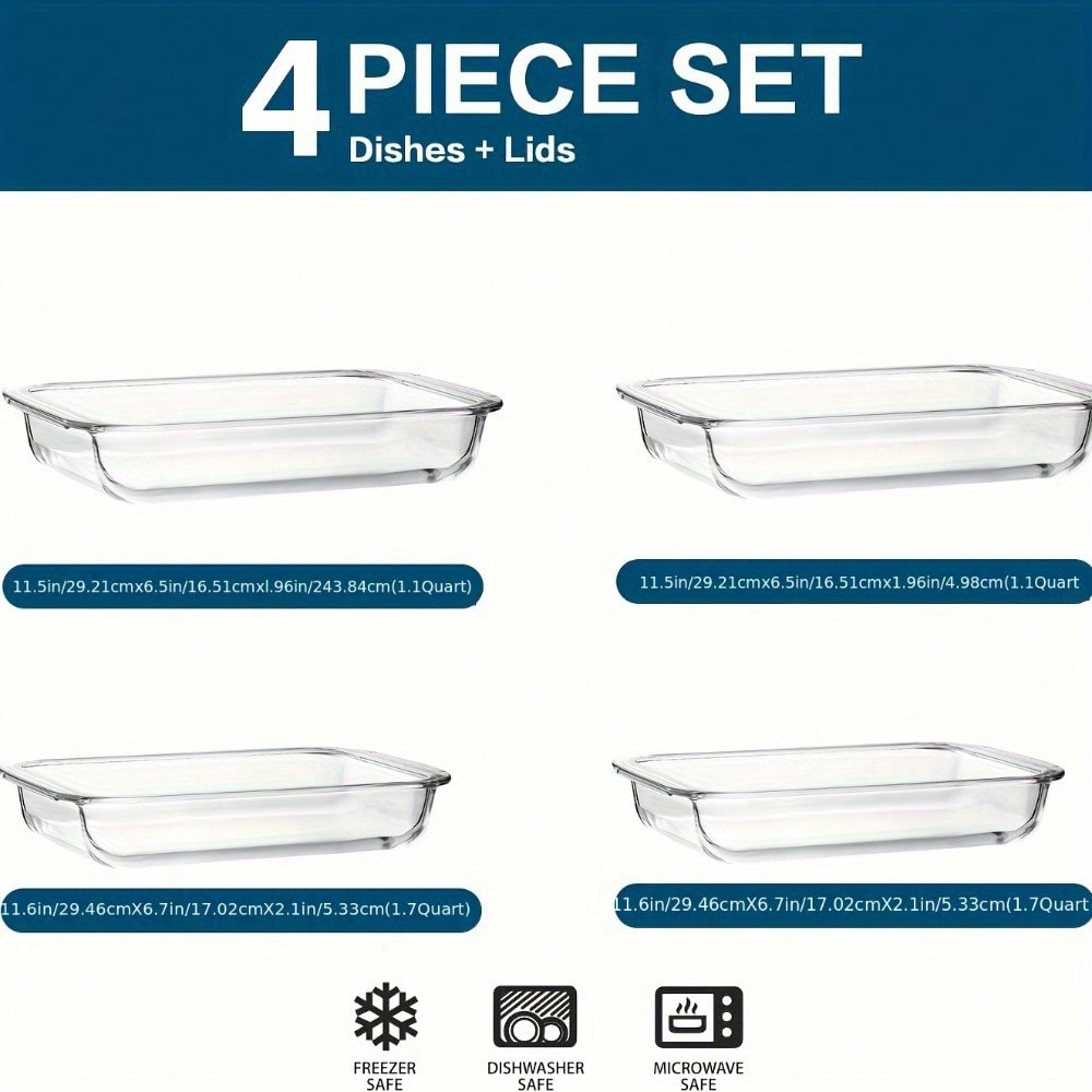 Meal Prep Noodles - 4-teiliges rechteckiges tiefes Glas-Backformen-Set – Ofen-,